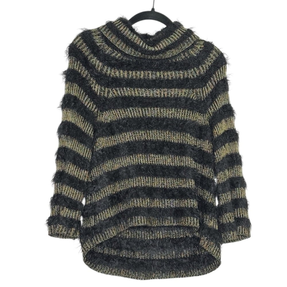 Alice + Olivia Fuzzy Striped Sweater Shiny  Gold Fringe SZ Extra Small